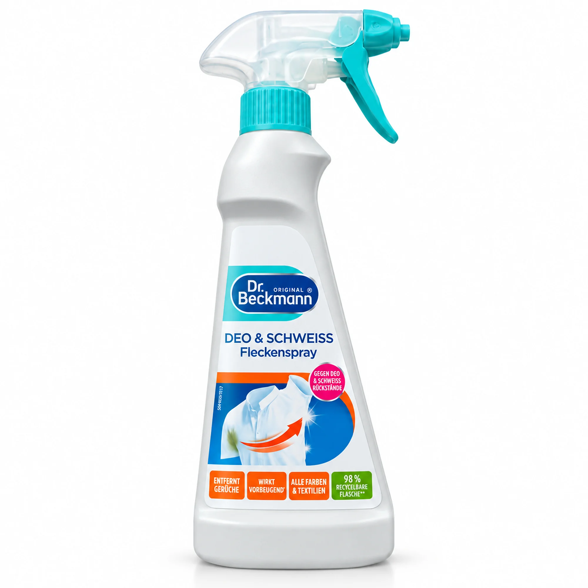 Dr. Beckmann Deo & Schweiß Fleckenspray 250 ml – zdjęcie główne Dr. Beckmann Deo & Schweiß Fleckenspray 250 ml, biały spray z turkusowym aplikatorem na białym tle