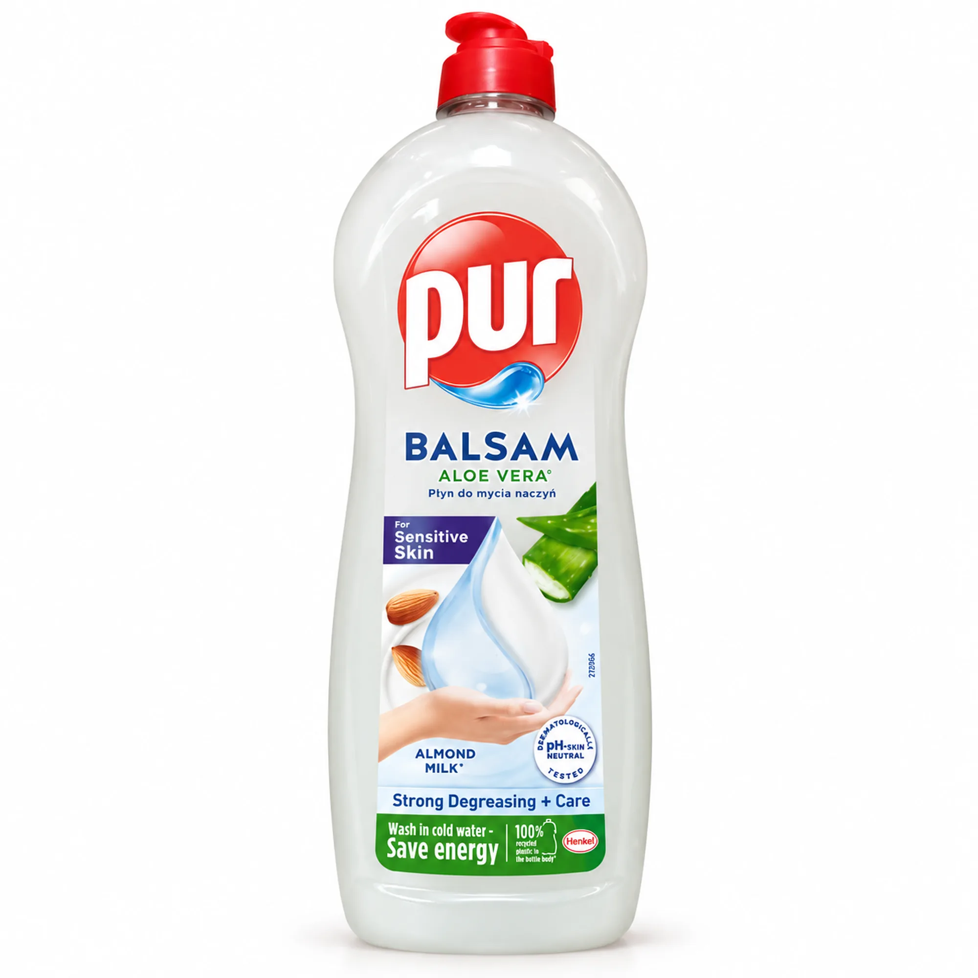 Pur Balsam Aloe Vera mleko migdałowe 750 ml – zdjęcie główne 2000×2000 Pur Balsam Aloe Vera 750 ml płyn do mycia naczyń – jasna butelka, czerwony korek, etykieta aloes i mleko migdałowe na białym tle