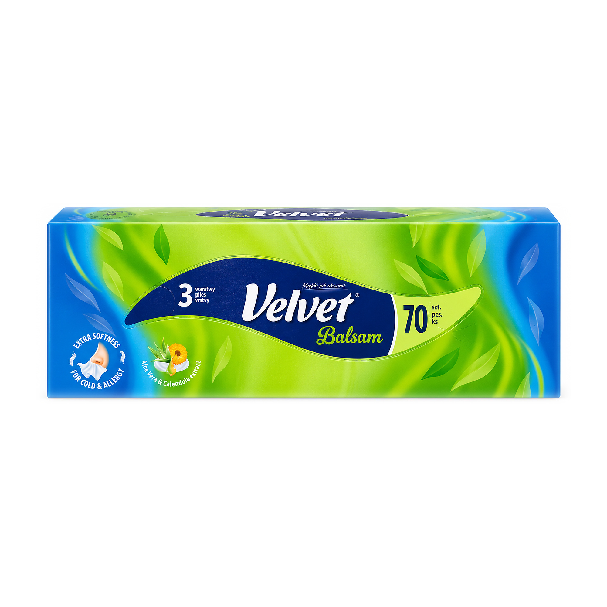Velvet Balsam – chusteczki 3-warstwowe 70 szt. – 2000 px Velvet Balsam 70 sztuk, chusteczki higieniczne 3-warstwowe, zielono-niebieskie pudełko na białym tle