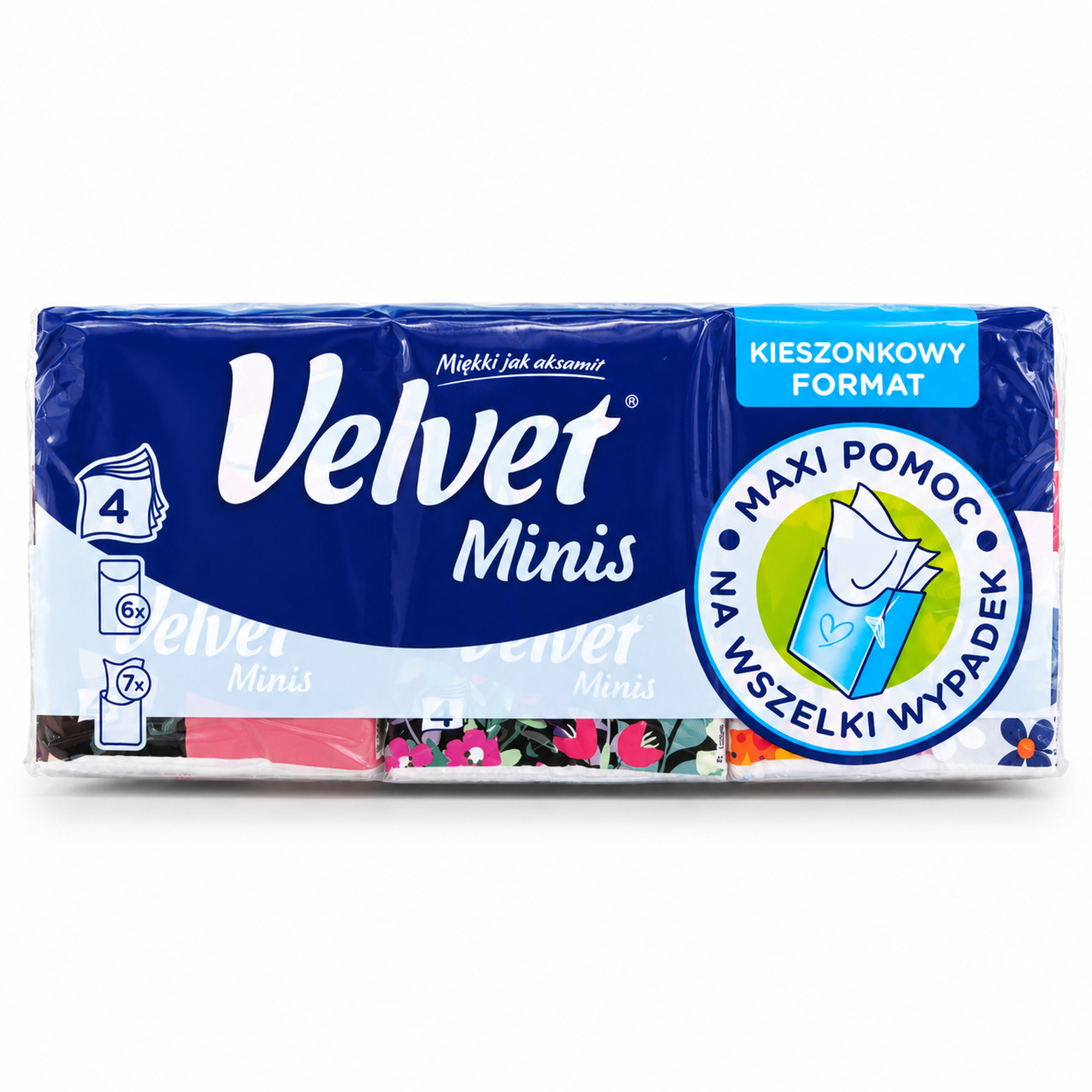 Velvet Minis chusteczki kieszonkowe 6x7 4-warstwowe — 2000x2000 Velvet Minis kieszonkowe chusteczki higieniczne 4-warstwowe 6 paczek po 7 sztuk na białym tle